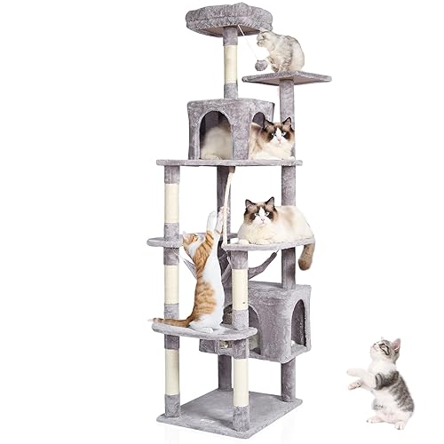 VEVOR Cat Tree for Indoor, 72" Cat Tower with 2 Condos, Sisal Scratching Post, Hammock, Top Perch, Jumping Platforms, Large Furniture Activity Center with Hang Ball, Light Grey