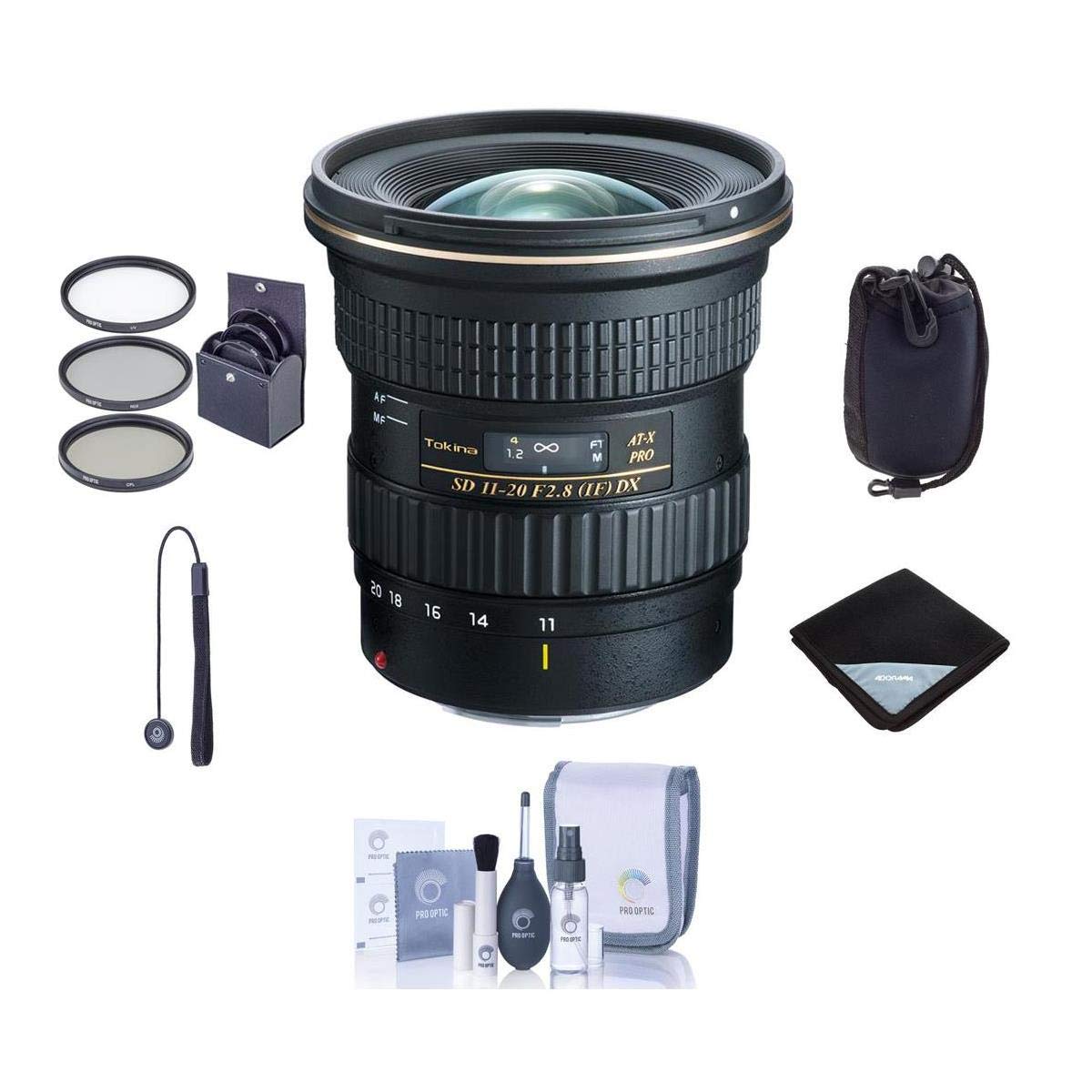 Tokina ATX 11-20mm F/2.8 Pro DX Ultrawide Zoom Lens for Digital Nikon F Mount Cameras - Bundle with 82mm Filter Kit, Lens Pouch, Lens Wrap (19x19), Cleaning Kit, Capleash