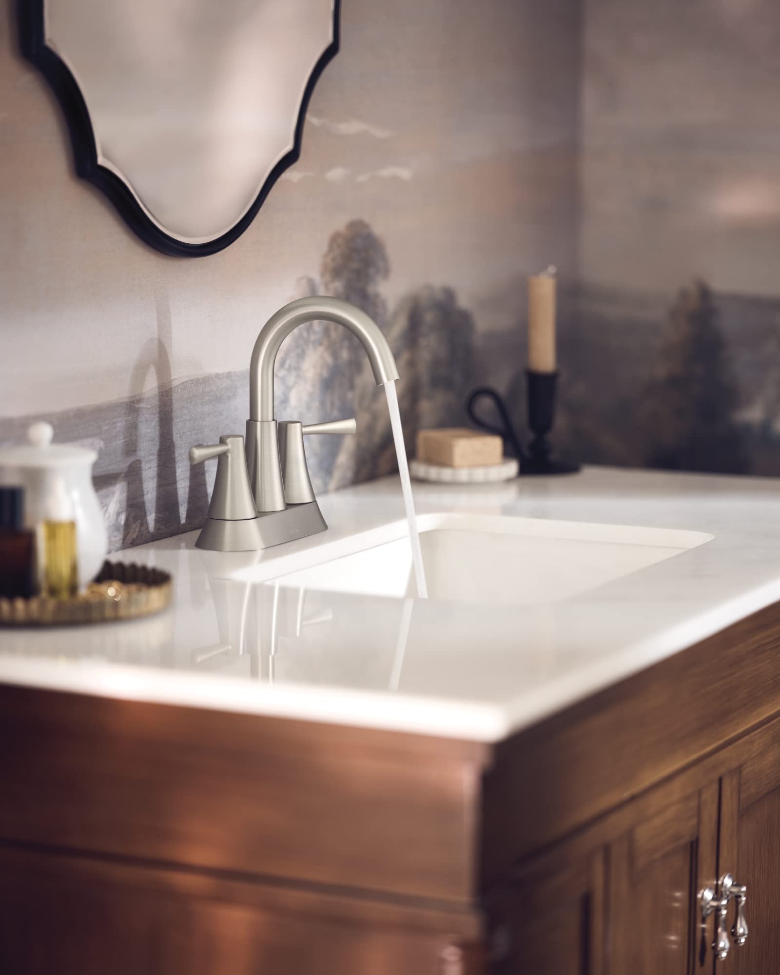 Moen Ronan Spot Resist Brushed Nickel Two-Handle 4 in. Centerset Modern Bathroom Faucet with Push-Down Drain, 84022SRN
