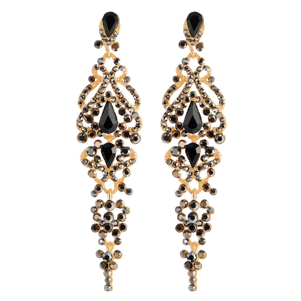 Art Deco Black Crystal Rhinestone Cluster Chandelier Long Dangle Statement Earring, Party Prom
