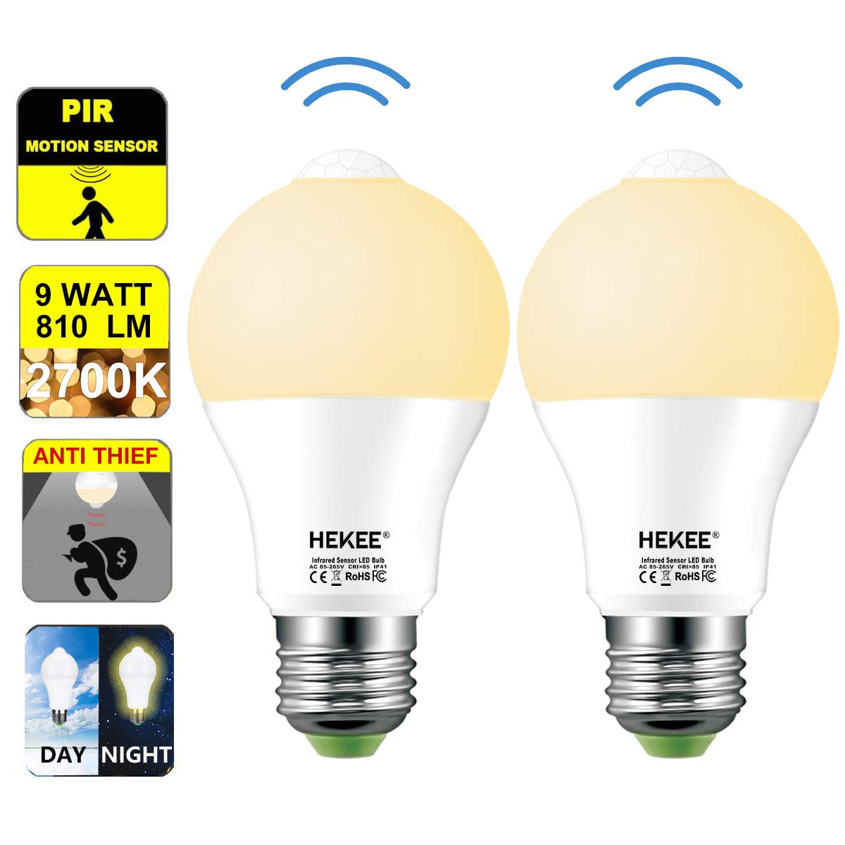 Motion Sensor Light Bulb Dusk to Dawn LED Light Bulbs 9W A19 PIR Built-in IR 60W Equivalent Bright 810 Lumens E26 Base Warm White Bulbs(2 Packs)