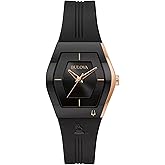 Bulova Latin Grammy Gemini Quartz Rose Gold Stainless Steel Accent with Curved Mineral Crystal and Black Silicone Strap Watch, Ladies