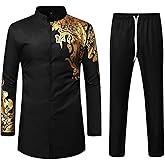 ZEROYAA Men's Kente Print Suit Long Sleeve Button up African Dashiki Shirt and Pants Ethnic 2 Piece Outfit