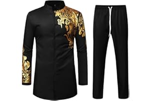 ZEROYAA Men's Kente Print Suit Long Sleeve Button up African Dashiki Shirt and Pants Ethnic 2 Piece Outfit