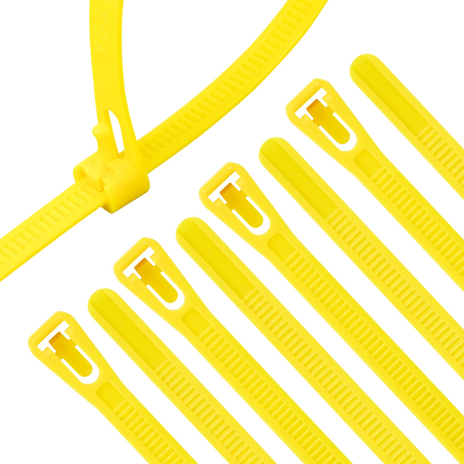 XINGO 100PCS Releasable Cable Zip Ties Adjustable Wire Cable Ties, Reusable Zip Ties Tie Straps for Multi-Purpose Use Indoor and Outdoor Plastic Tie Wire (450mm x 7.6mm, Yellow)
