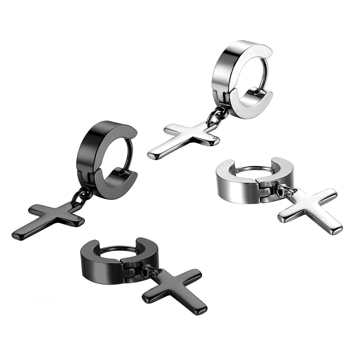 JewelryWe 2 Pairs Mens Stainless Steel Cross Huggie Hinged Hoop Earrings Set, Black Silver