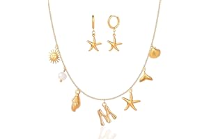 UNE DOUCE Shell Necklace and Starfish Hoop Earrings Set, Charm Necklace - Gold Necklace for Women, Initial Necklace - Letter A-Z Pendant Choker, Waterproof, Non-Tarnish Gold Necklace, Gifts for Women