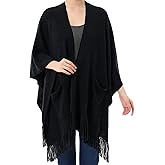 Cutecrop Knitted Poncho for Women, Shawl Wraps with Pockets, Open Front Fringe Winter Shawl with Tassel, Gift for New Year