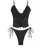 seamoly Ruffled Trim Textured Tied Side Tanga Tankini Set