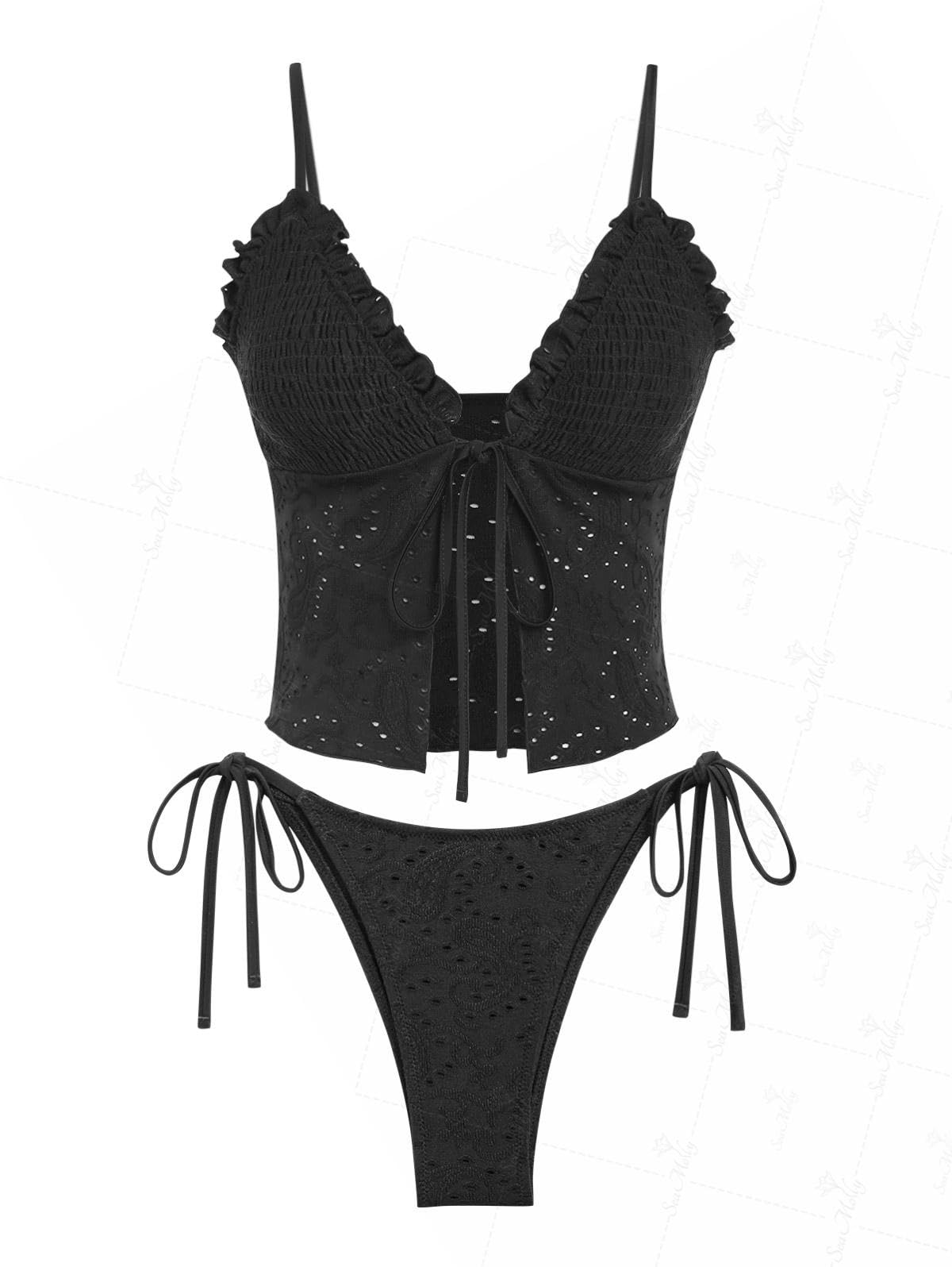 Photo 1 of seamoly Smocked Eyelet Ruffle Trim Tied Front Tie Side Tankini Set,Black,M