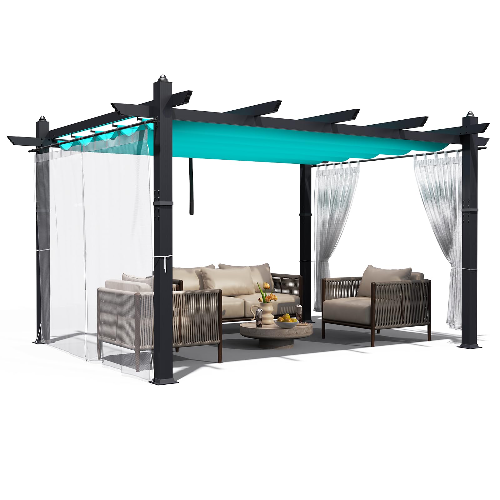 Photo 1 of 10 x 13 ft Outdoor Pergola, Aluminum Patio Gazebo Pergola with Retractable Canopy, Reinforced Frame, Outdoor Metal Gazebo Shelter with Netting for Backyard, Garden Deck and Lawn (Blue+White)