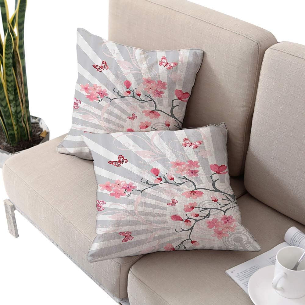 Nature Square Standard Pillowcase,Cherry Blooming Butterflies on Stripes Sun Rays Curvy Lines Ornamental Artwork Pale Grey Pink W14 xL14 2pcs Cushion Cases Pillowcases for Sofa Bedroom Car