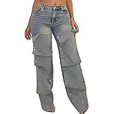 Lucuna Womens High Waisted Baggy Straight Leg Jeans Y2K Detachable Patchwork Asymmetrical Denim Pants Streetwear