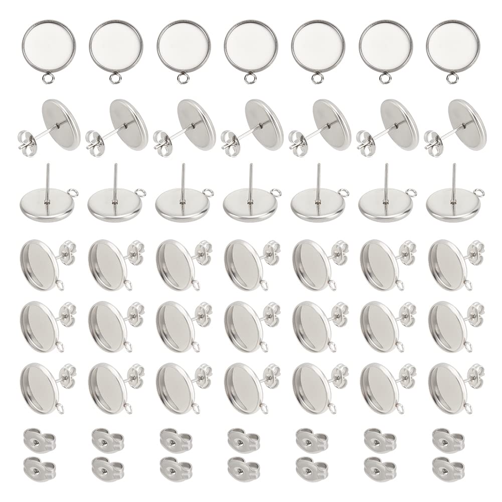 UNICRAFTALE 60pcs 12mm Round Bezel Earring with Loop Cup Tray Earrings with Ear Nuts Stainless Steel Stud Earring Findings for DIY Jewellery Making Stainless Steel Color — image 1