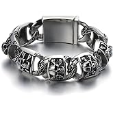 COOLSTEELANDBEYOND Heavy and Study Mens Stainless Steel Biker Skull Bracelet Silver Black Two-tone Polished