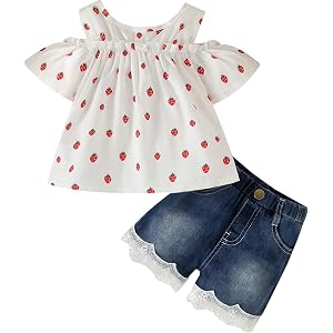 Mecykcsr Toddler Baby Girls Clothes Outfit Summer Ruffled Off Shoulder Short Sleeve Floral Shirts Tops Denim Shorts Set