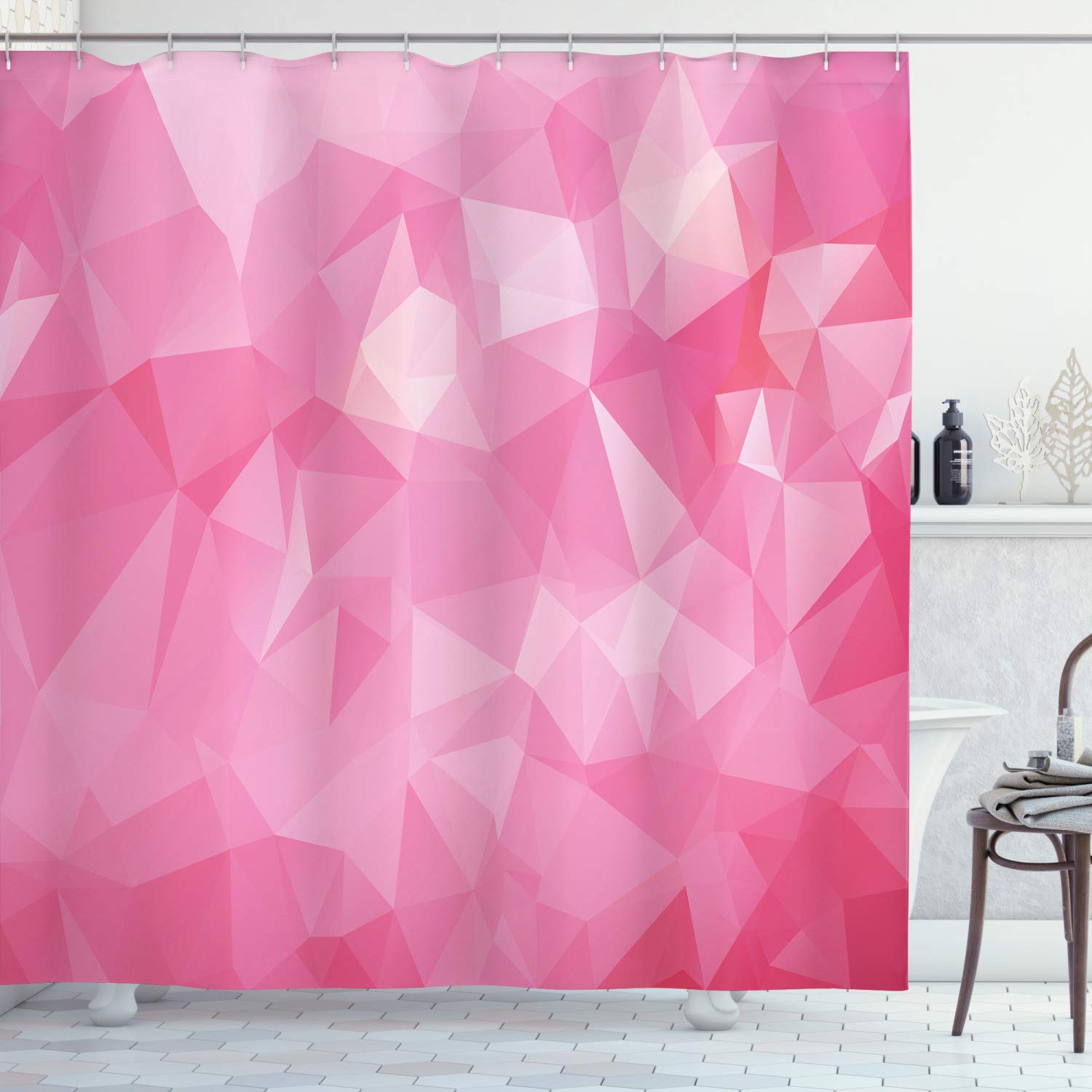 ABAKUHAUS Pale Pink Shower Curtain, Abstract Mosaic Style Geometric Dimension Fractal Polygonal Illustration, Cloth Fabric Bathroom Decor Set with Hooks, 70 Inches, Magenta Fuchsia