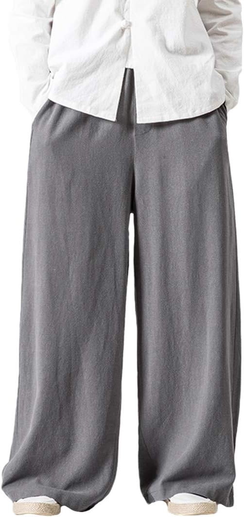 HORZEE Men's Vintage Elastic Waist Cotton Blends Linen Wide Leg Jogging Harem Pants Gray, XX-Large