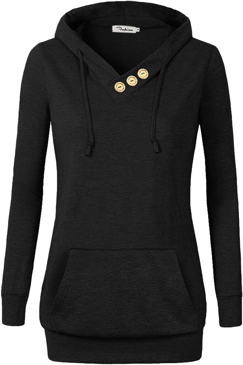 Women's Sweatshirts Long Sleeve Button V-Neck Pockets Pullover Hoodies