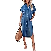 loveimgs Women Casual Button Down Faux Denim Midi Shirt Dress Side Slit Short Sleeve Jean Dress with Pocket