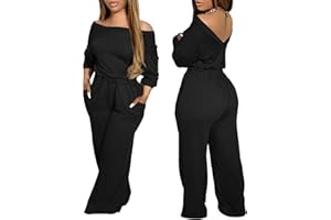 CHICME Women‘s Casual Jumpsuit Off the Shoulder Jumpsuits for Women Long Sleeve Wide Leg Pants Dressy Overalls