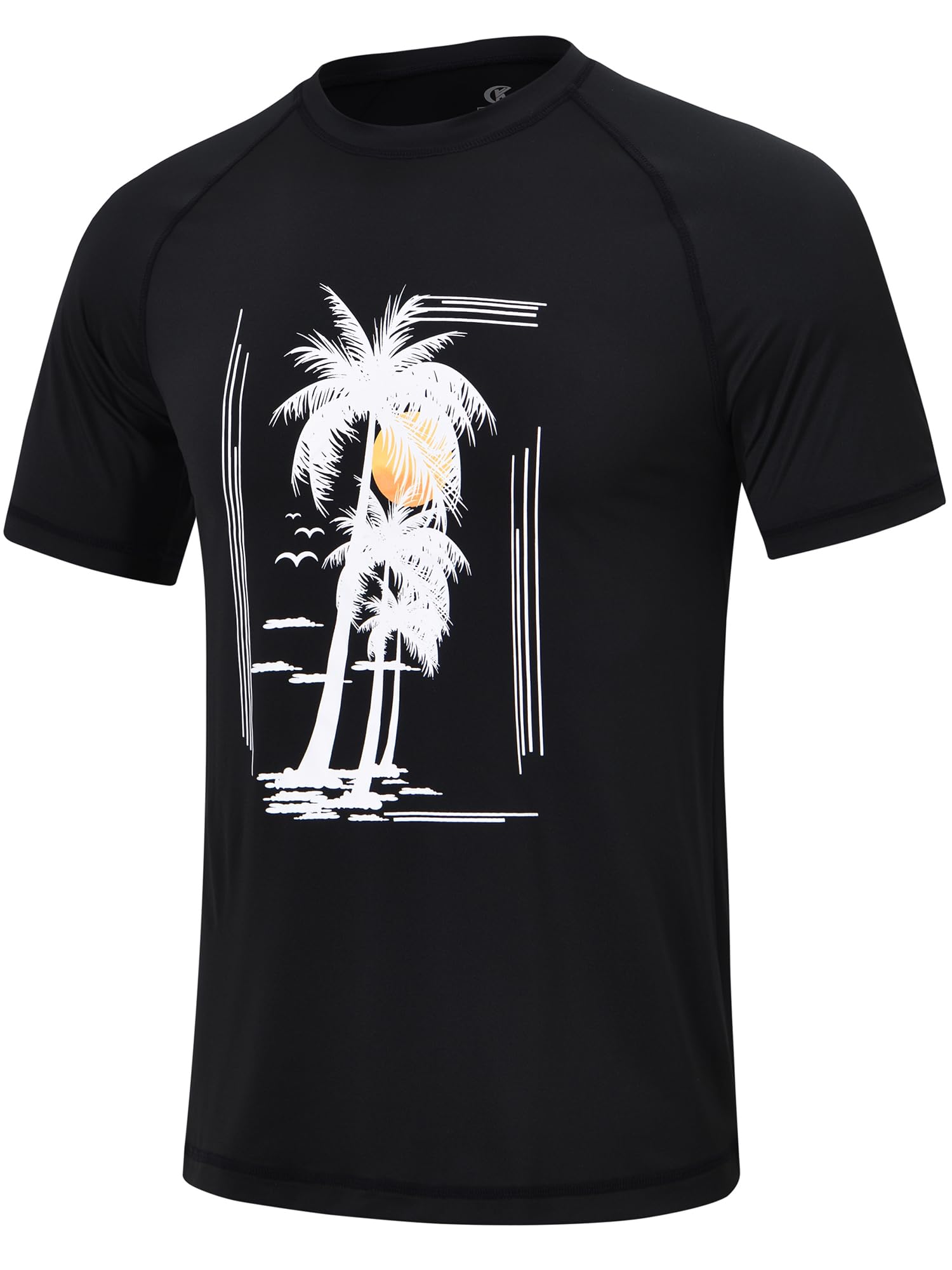 Photo 1 of Satankud Men's UPF 50+ Rash Guard Swim Shirts Short Sleeve Summer Beach Hawaiian T-Shirt Graphic Palm Tree (Black, L)