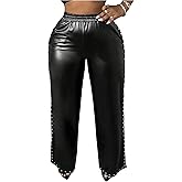 WDIRARA Women's Studded PU Leather Wide Leg Pants High Waisted Baggy Pants Party Clubwear