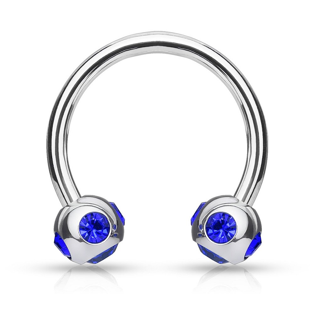 PiercedOff 316L Surgical Steel Horseshoe with Externally Threaded Balls Featuring 5 Blue CZ's - Thickness 16GA (1.2mm) / Diameter 10mm / Ball Size 4mm