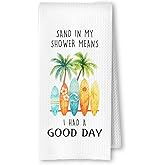 ArtisaEura Tropical Beach Coastal Hand Towels, Summer Beach Bathroom Decor Kitchen Towels, Palm Tree Surfboard Beachy Decorative Hand Towels for Bathroom Washroom, 16x24 Inches