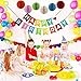 Happy Birthday Party Decoration with A Hanging Happy Birthday Banner, 6 Colorful Tissue Pom Pom Balls, 10 Assorted Latex Balloons, A Rainbow Heart Shape Paper Garland