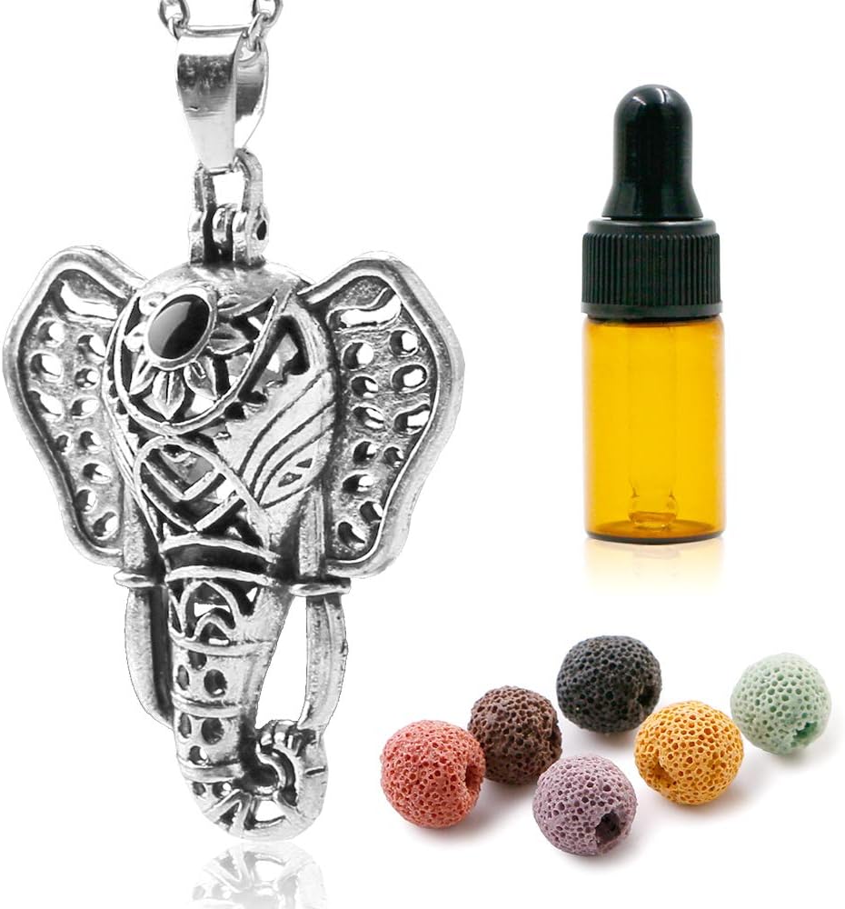 Premium Fragrance Essential Oil Elephant Diffuser Necklace with Scent-Bottle and 6 Lava Stones โ Upgrade Stainless Steel Ancient Sliver Pendant with Adjustable Chain