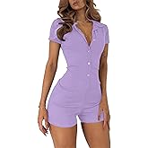 LilyCoco Womens Button Up Bodycon Romper Shorts Short Sleeve Collared Sexy One Piece