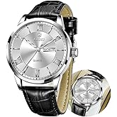 Taxau Men's Watch Big Face Easy Read Arabic Numeral Dress Watches for Men Classic Black Brown Leather Band Analog Mens Wrist Watch with Day and Date Fashion Business Waterproof Luminous Quartz Watch