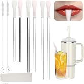 OUTXE Anti Wrinkle Straw 6 Pcs for Stanley, Lip Filler flat Straw Topper | Drinking Straw for 40/ 30 oz Stanley&amp; Yeti&amp; Owala, Reusable Wrinkle Free Long Stainless Steel Metal Straw with Cleaning Brush