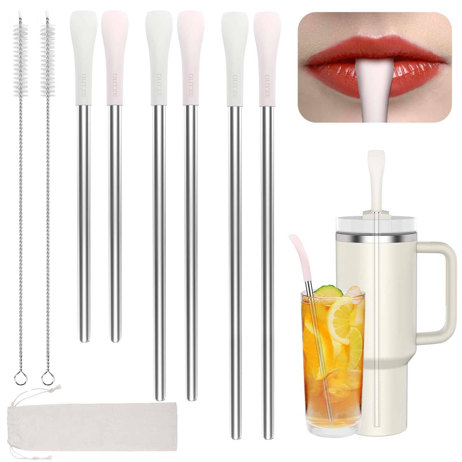 Photo 1 of OUTXE Anti Wrinkle Straw 6 Pcs, Flat Wide Drinking Straw for Stanley Cup 40 oz 30 oz, Reusable Wrinkle Free Long Stainless Steel Metal Straw for Lip with Cleaning Brush and Carrying Bag