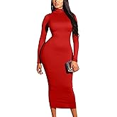 GOBLES Women's Elegant High Neck Long Sleeve Bodycon Midi Party Long Dress