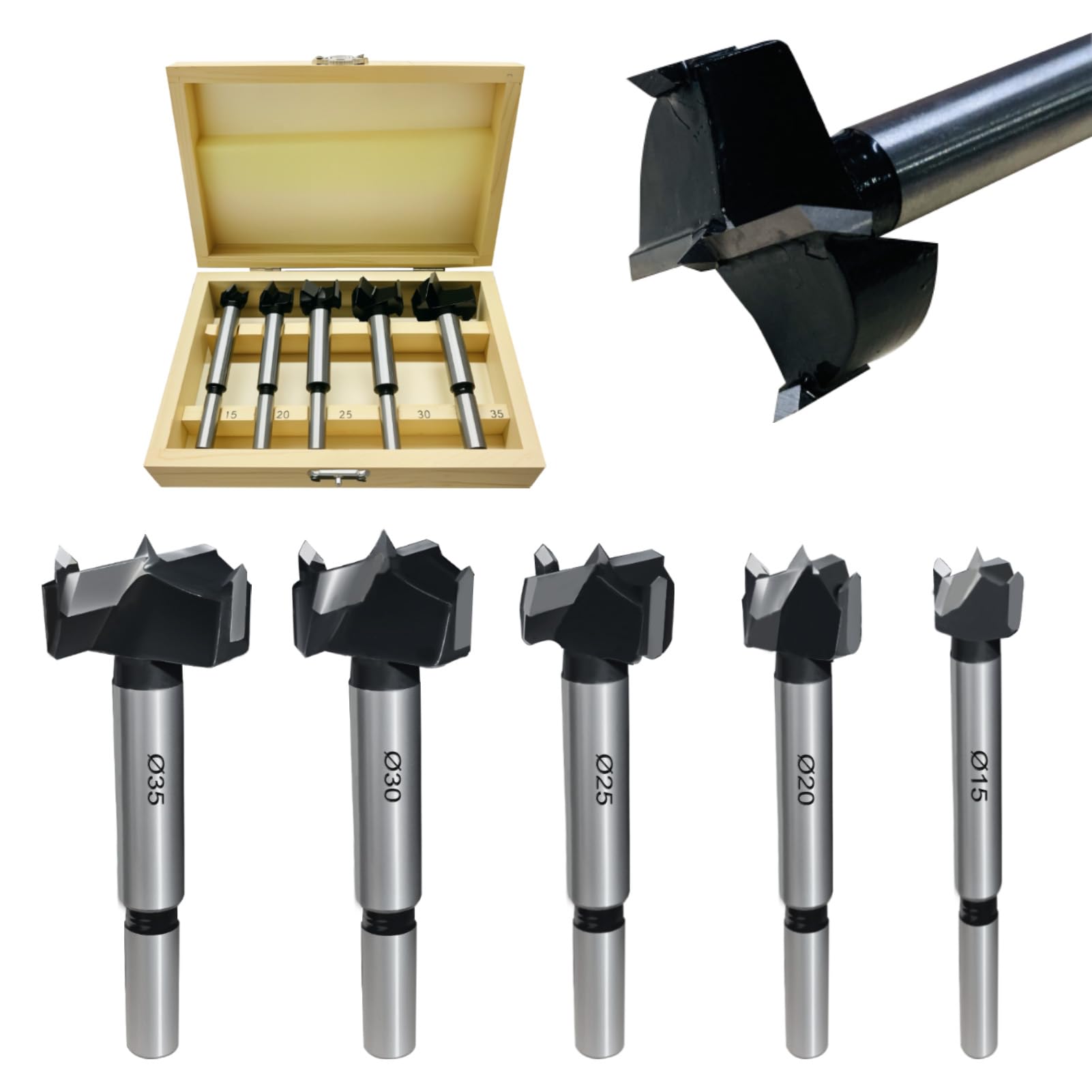 NOTOOLS Tungsten Carbide (TCT) Flat-Wing Drill Bit Set, 5 PCS (15, 20, 25, 30, 35mm) Forstner Drill Bits Professional High-Wear-Resistance Boring Tools for Wood, Plywood, and Laminated Boards