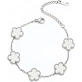 18K Gold/Silver Plated Five Leaf Clover Bracelet for Women, Dainty Adjustable Stainless Steel Lucky Charm Bracelet, Hypoallergenic Everyday Jewelry Gift for Her