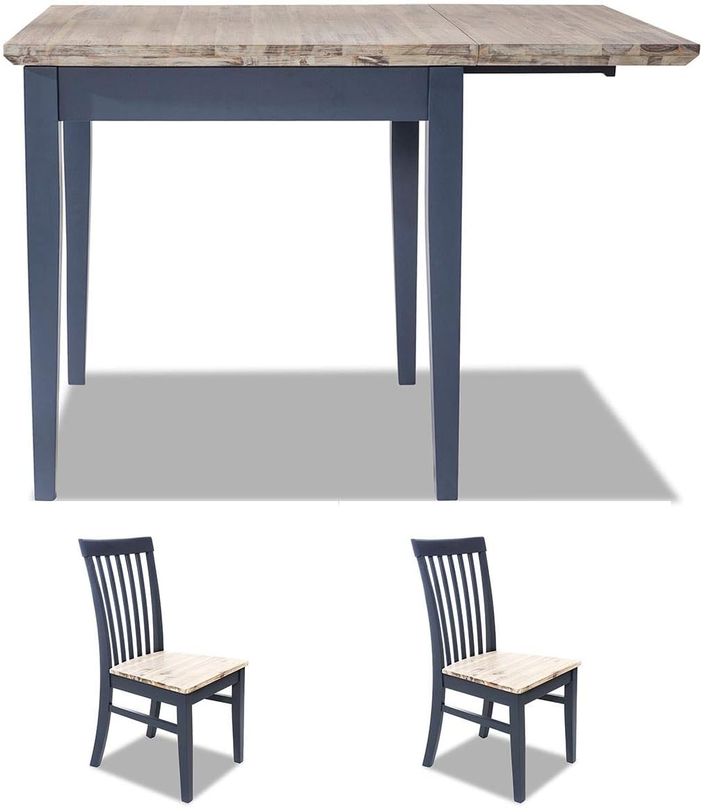 Florence navy blue square kitchen table with 2 acacia seat chairs set. Solid wood kitchen dining table set.