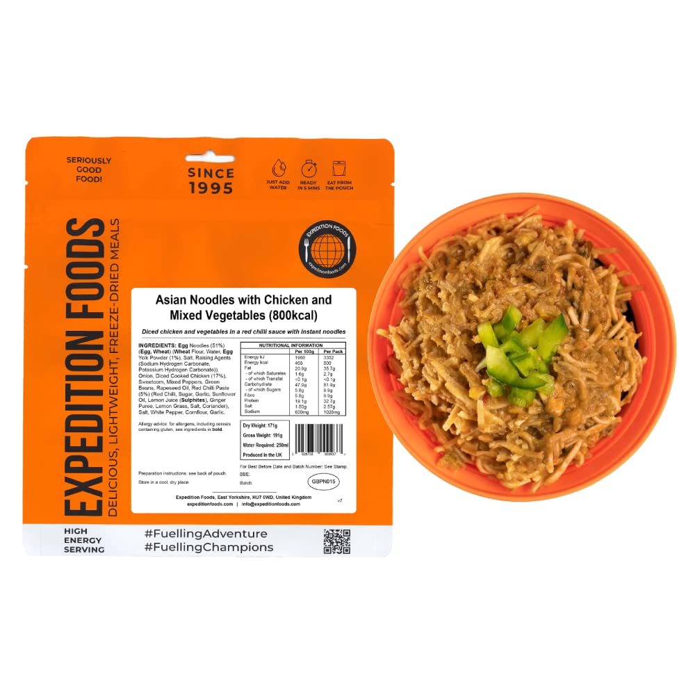 EXPEDITION FOODS Asian Noodles with Chicken and Mixed Vegetables (High Energy Serving / 800KCAL) | Freeze-Dried Camping & Hiking Food