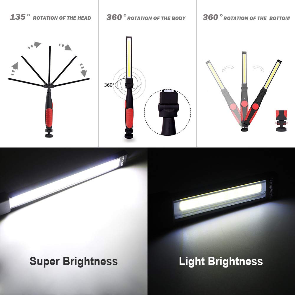 Newest USB Rechargeable Work Light, Peach Halves Cob Inspection Lamp With Magnetic Base&Rotary Switch, Portable Led Work Light For Car Repairing, Home Emergency, Workshop, Garage, Outdoor Camping(Red)