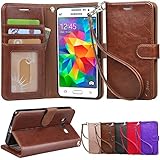Grand Prime Case, Arae Samsung Galaxy Grand Prime wallet case,[Wrist Strap] Flip Folio [Kickstand Feature] PU leather wallet case with ID&Credit Card Pockets For Samsung Galaxy Grand Prime (Brown)