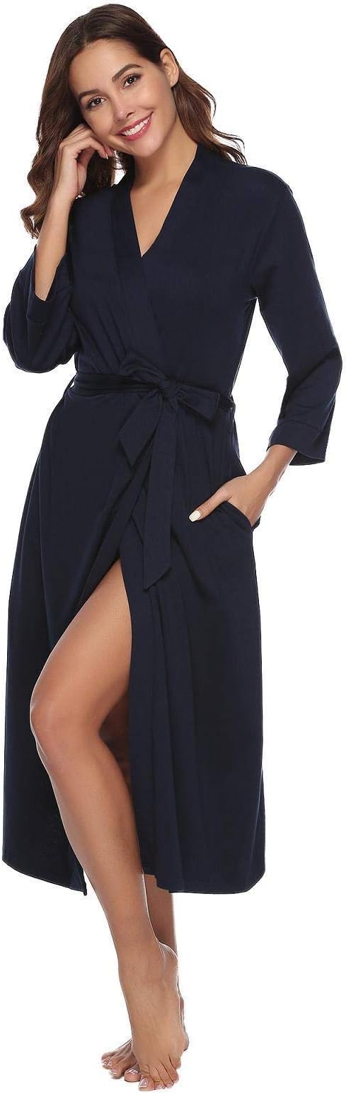 Womens Dressing Gown Cotton Lightweight Robes Ladies V-Neck Bathrobe Knit Nightwear Soft Sleepwear for All Seasons