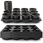 RooTrimmer 4 Inch Plastic Plant Pots 60 Pcs and 12 Cell Nursery Pots Trays 5 Pcs, Thick Sturdy Seeds Starting Germination Shuttle Carrying Trays, Black Small Planter Nursery Propagation 5 Sets