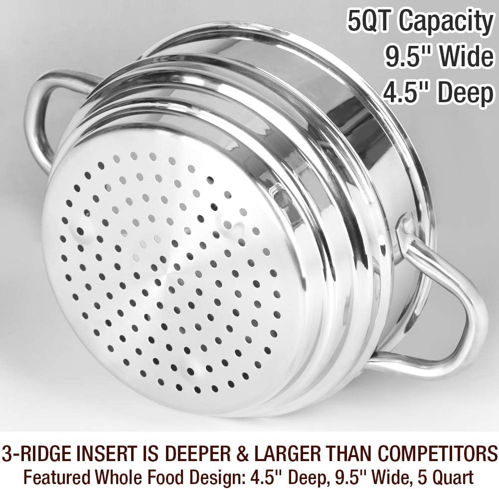 HOMI CHEF 5QT LARGE 4.5" DEEP 3-RIDGE Universal Steamer Cookware (Nickel Free Stainless Steel, 3 Ridges for 8"/ 9"/ 9.5" Pot) - Steamer Inserts for Pots - Kitchen Steamer Basket Steamer Pot: Kitchen & Dining