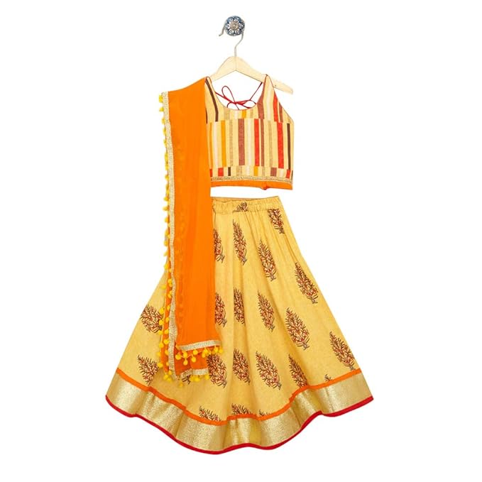 Kids Chakra By Hopscotch Girls Cotton Sleeveless Stripe And Floral Print Lehengas And Blouses Set With Dupatta in Yellow Color