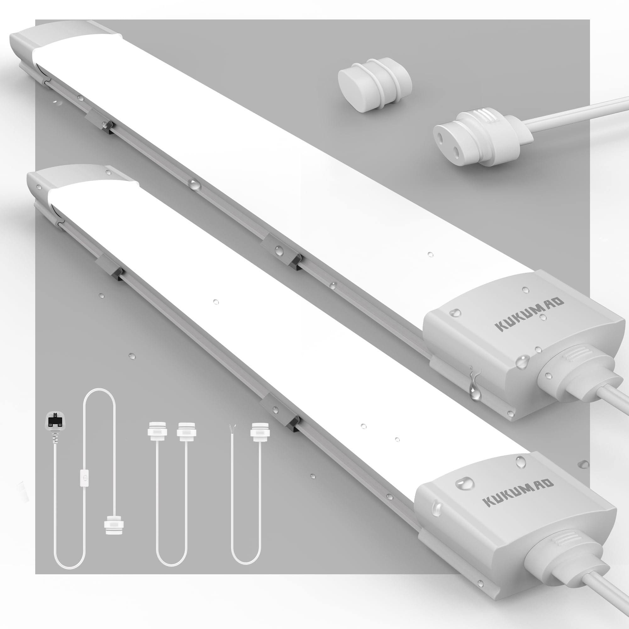 KUKUMAO LED Batten Light 6000K Daylight, 2FT Linkable 18W Workbench IP66 Plug-in Ceiling Strip for Garage, Kitchen, Workshop, Office, Shed