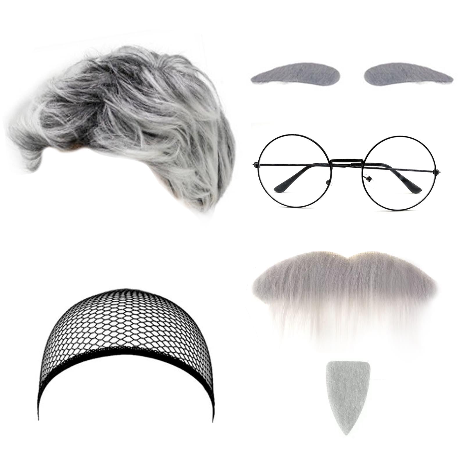 AWAVM 7 PCS Old Man Costume Accessories Grandpa Costume Set Wig Cap Gray Beard Eyebrows Wig Cap Glasses Grandfather Dress Up Set for Halloween Party Stage Show Festival Cosplay