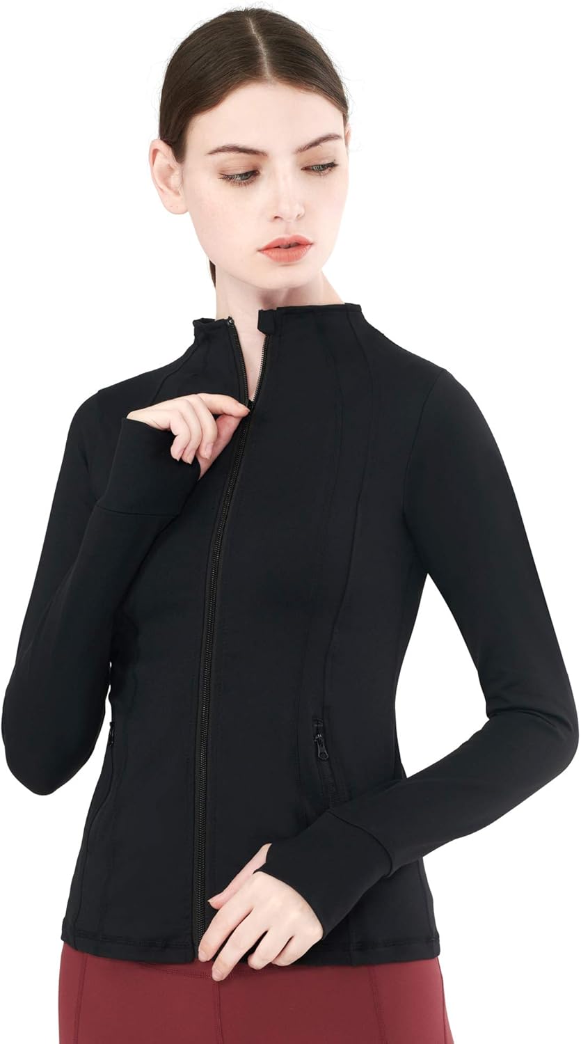 Zeronic Women's Collar Pockets Casual Zip Jacket with Thumb Holes at  Women’s Clothing store