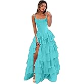YCXRQI Tiered Chiffon Floral Prom Dress 2026 Spaghetti Straps Formal Corset Dress Ruffle Evening Gown with Slit